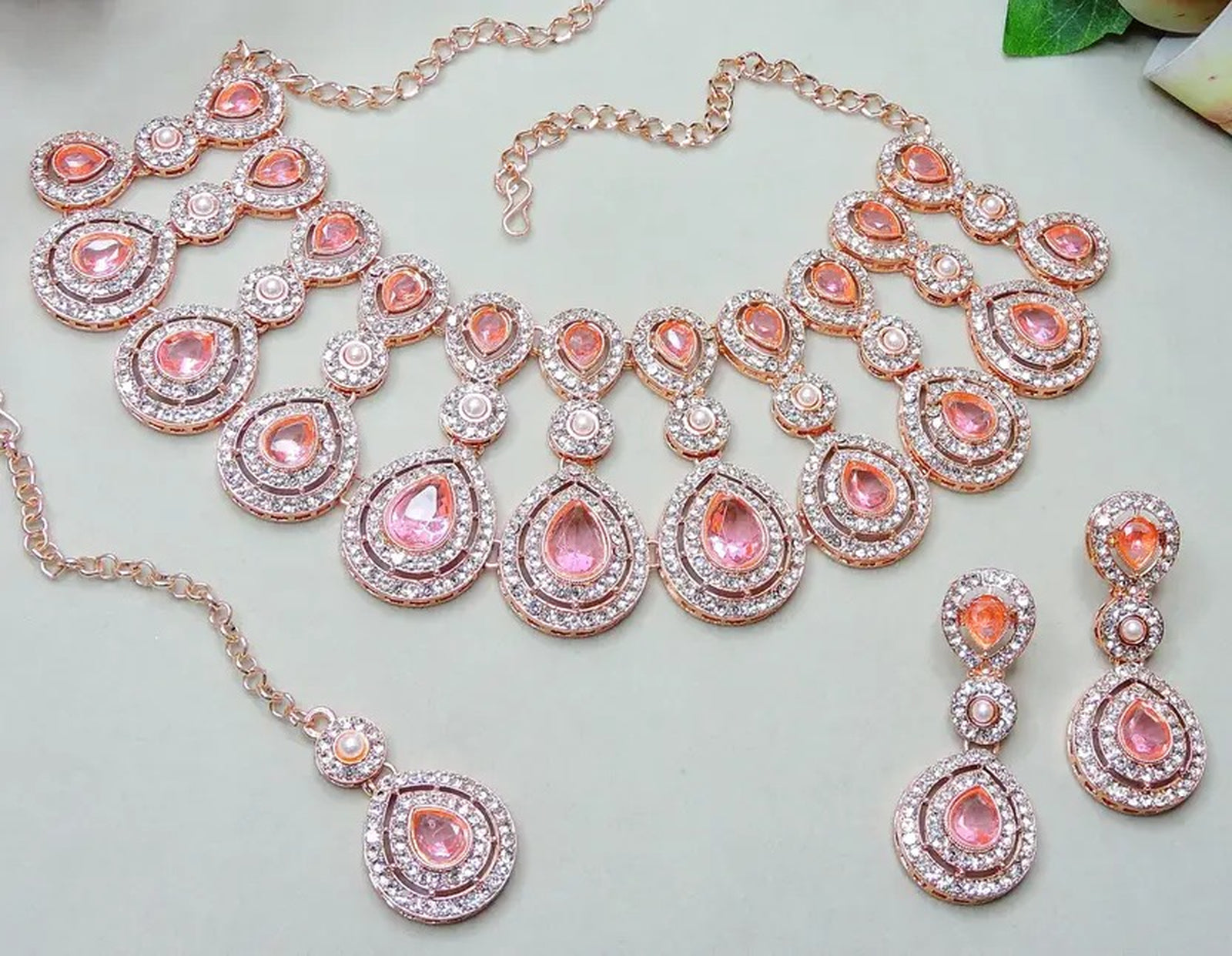 Jewel City Rose Gold-Plated Necklace Set with Earrings & Maang Tikka for Women – Sparkling Bridal Party Jewelry - Distacart