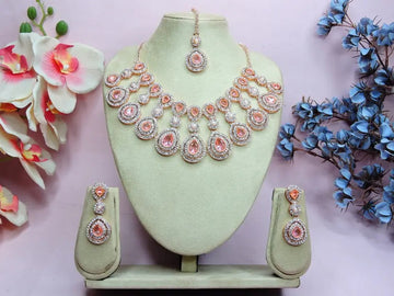 Jewel City Rose Gold-Plated Necklace Set with Earrings & Maang Tikka for Women – Sparkling Bridal Party Jewelry - Distacart