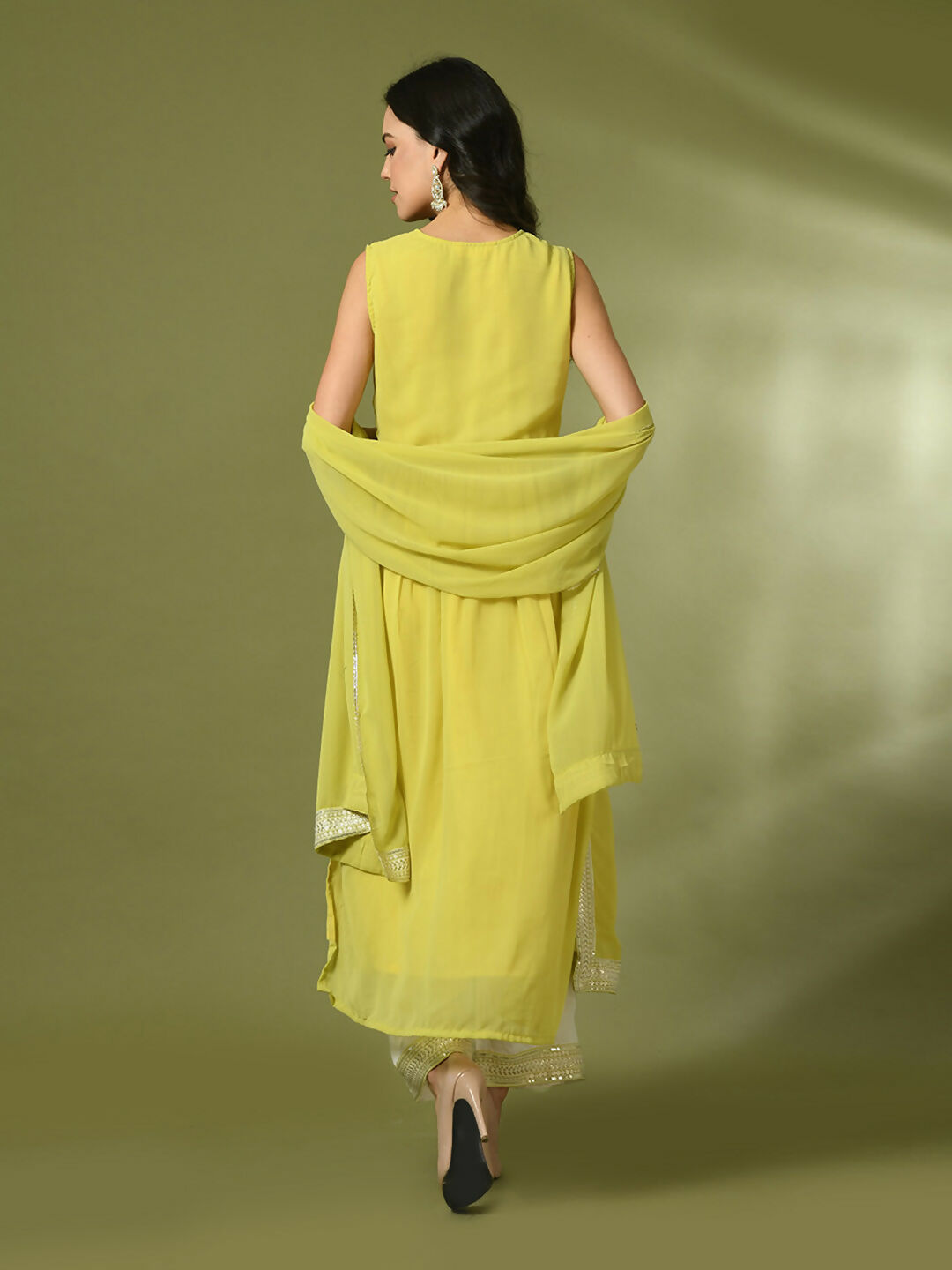 Myshka Women's Yellow Solid Georgette Anarkali Party Kurta Set With Dupatta - Distacart