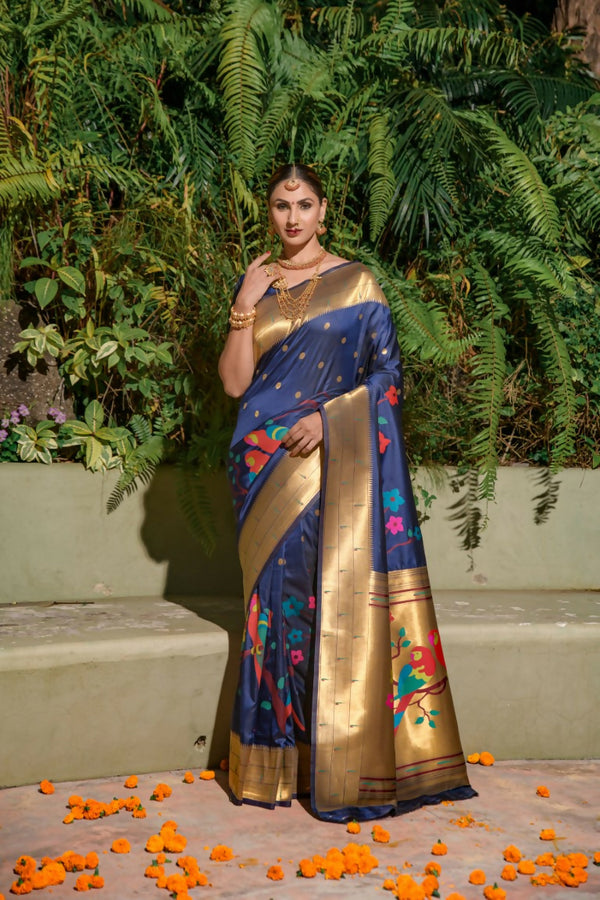 Jyoti Fashion Women's Navy Blue Paithani Silk Zari Woven Saree with Blouse - Distacart