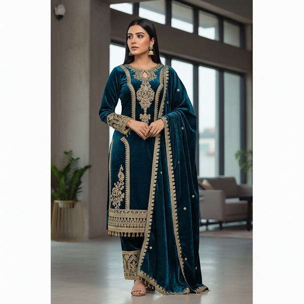 Teeya Creation Teal Color Velvet Fabric Designer Embroidery Work Suit