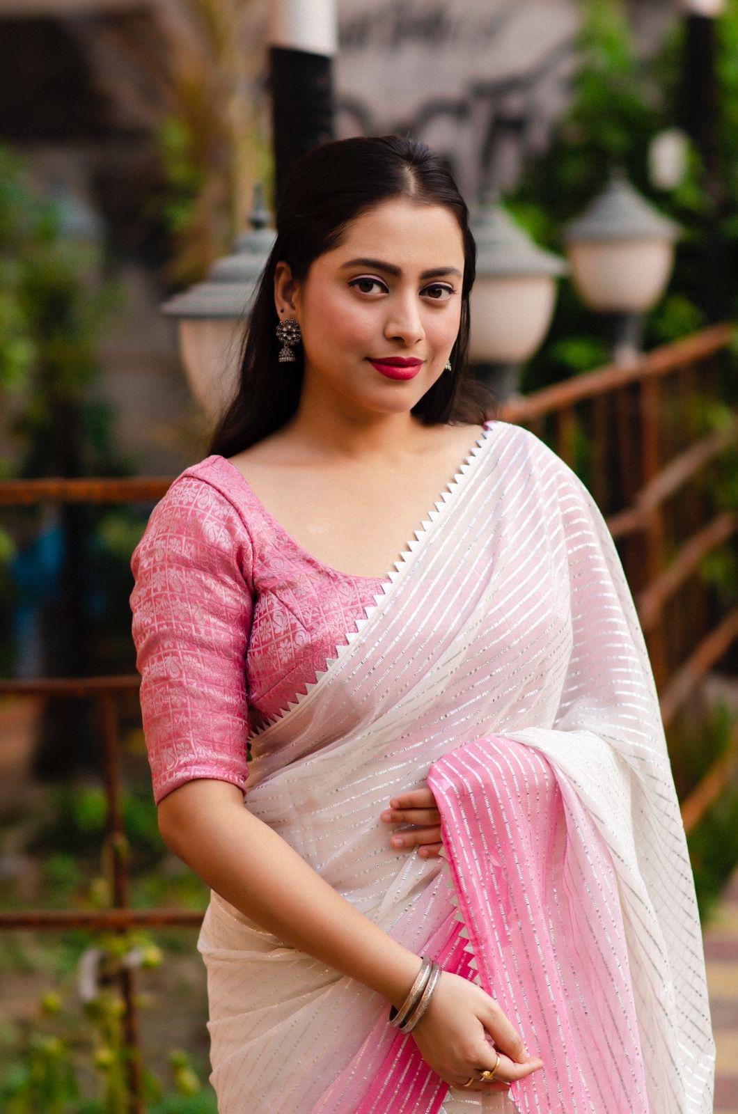 Pink Poly Chiffon Striped Saree with Unstitched Blouse - A2M - Distacart