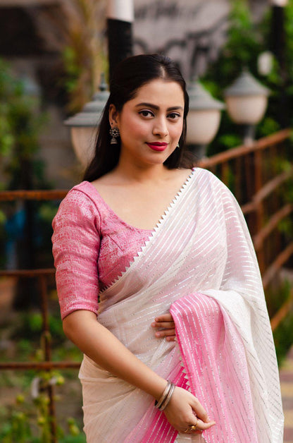 Pink Poly Chiffon Striped Saree with Unstitched Blouse - A2M - Distacart