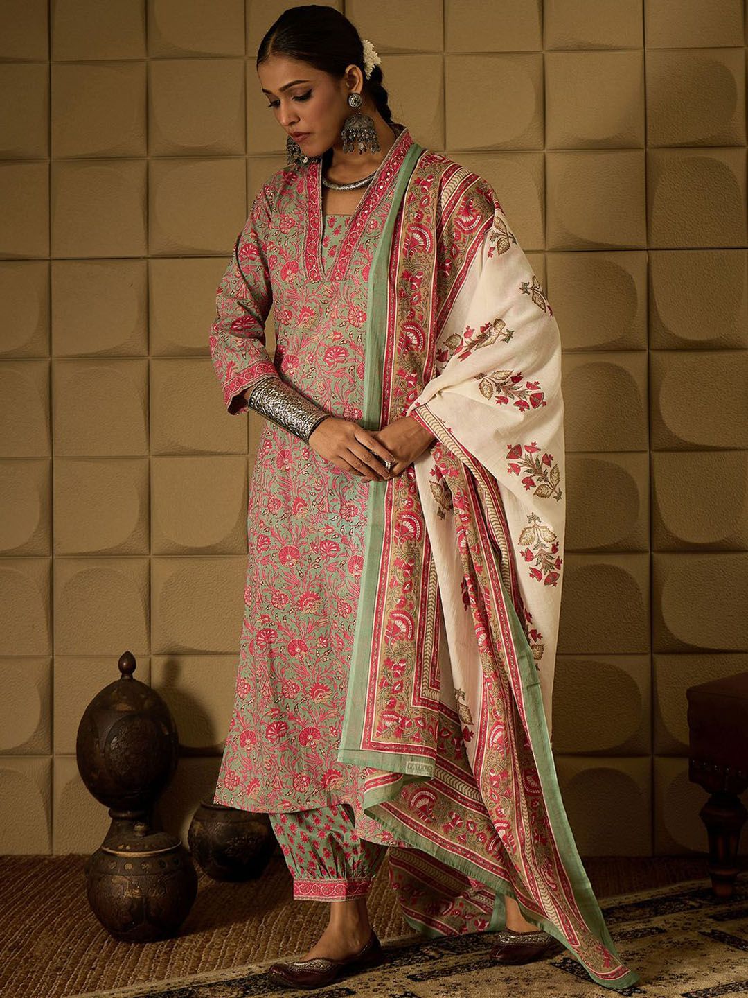 Indo Era Floral Printed Pure Cotton Straight Kurta with Salwar & Dupatta