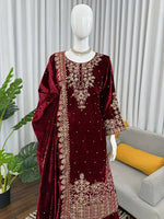 Thumbnail for Vastranavya Maroon Viscose Velvet Cording Sequence With Moti Work Top-Bottom With Dupatta