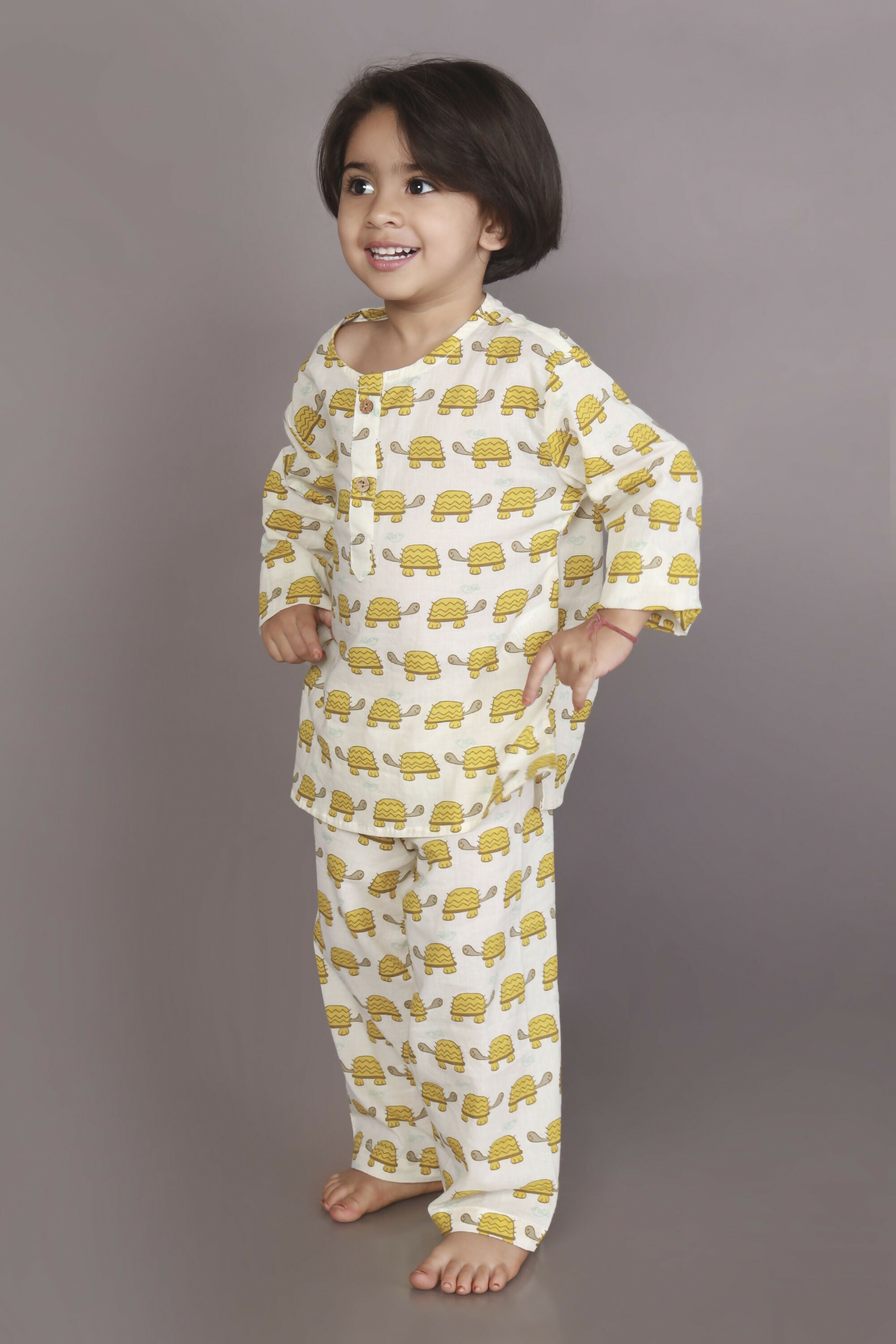 Breathables Kids Cotton Turtle Print Co-Ord Night Suit With Kurta And Pyjama – White & Yellow - Dista