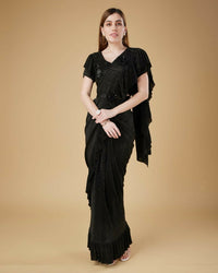 Thumbnail for Black Imported Crush Solid Ready to Wear Saree with stitched Blouse - Aayan - Distacart