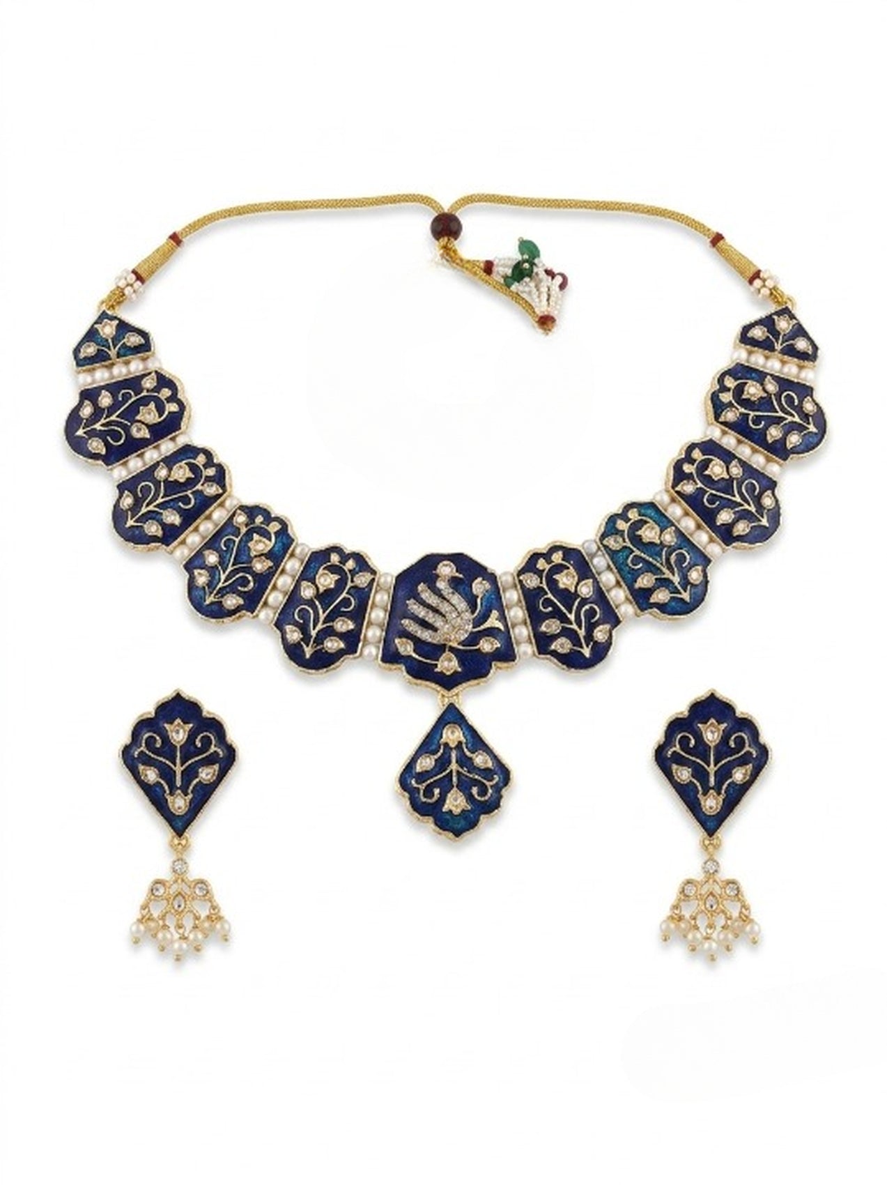 Jewel City Blue Meenakari Peacock Necklace Set With Pearl Earrings - Dista