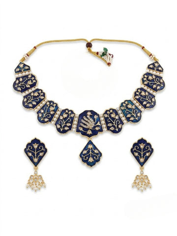 Jewel City Blue Meenakari Peacock Necklace Set With Pearl Earrings - Dista