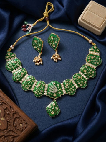 Jewel City Green Meenakari Peacock Necklace Set With Pearl Earrings - Dista