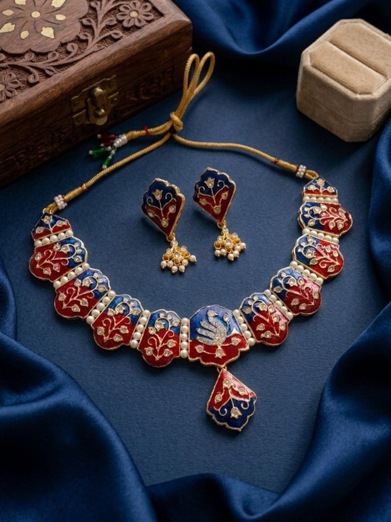 Jewel City Multicolor Meenakari Peacock Necklace Set With Pearl Earrings|Festival Jewelry - Dista