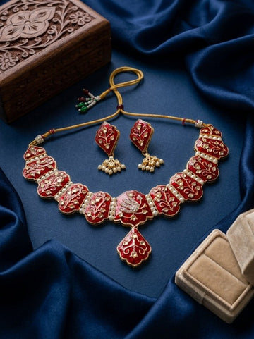 Jewel City Red Meenakari Peacock Necklace Set With Pearl Earrings - Dista