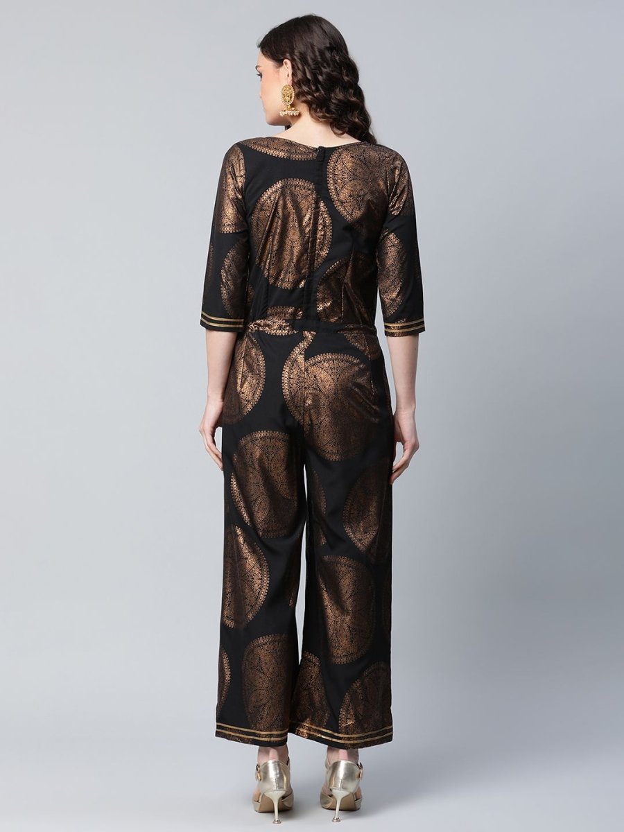 Ahalyaa Black Crepe Copper Foil Printed Jumpsuit - Distacart