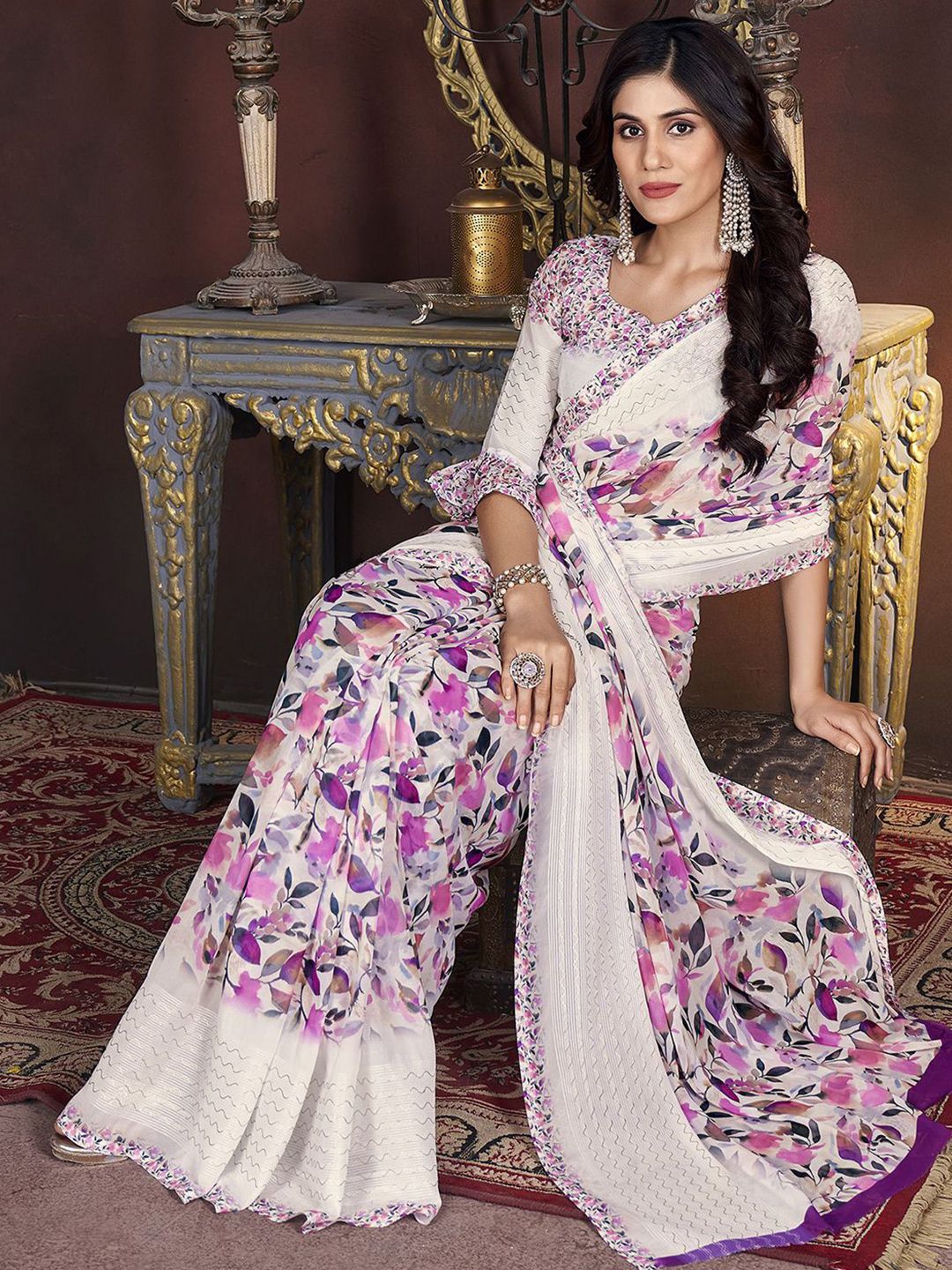 Mitera Floral Printed Pure Georgette Saree - Distacart