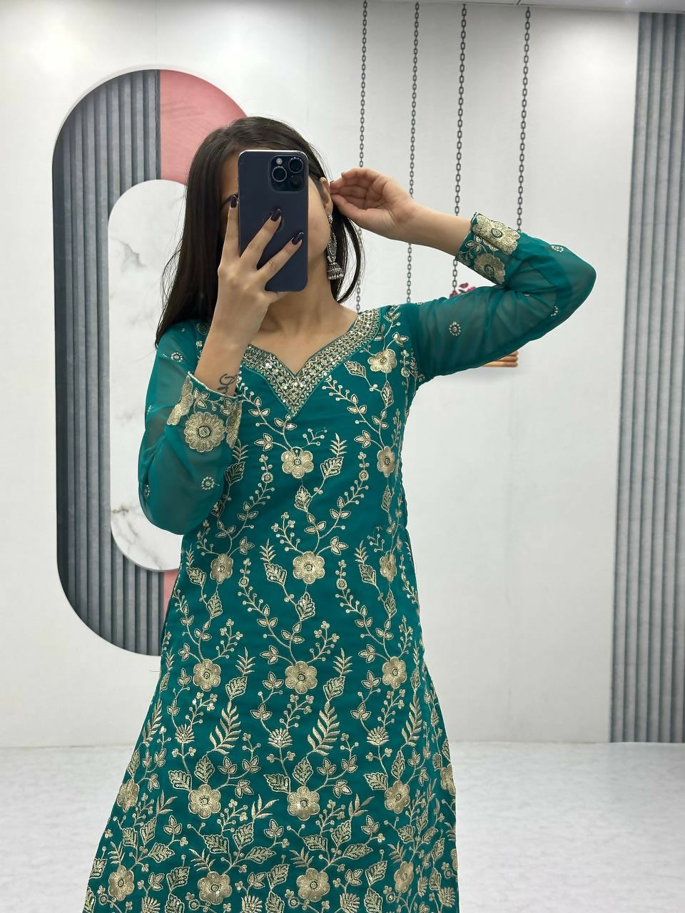 Teeya Creation Womens New Heavy Fox Georgette Fabric With Heavy Embroidery Work Green Kurta Set - Dista