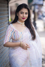 Thumbnail for White Organza Thread Saree with Unstitched Blouse - Hiral Fashion - Distacart