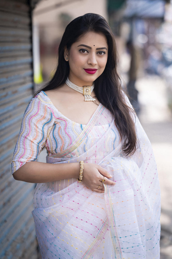 White Organza Thread Saree with Unstitched Blouse - Hiral Fashion - Distacart