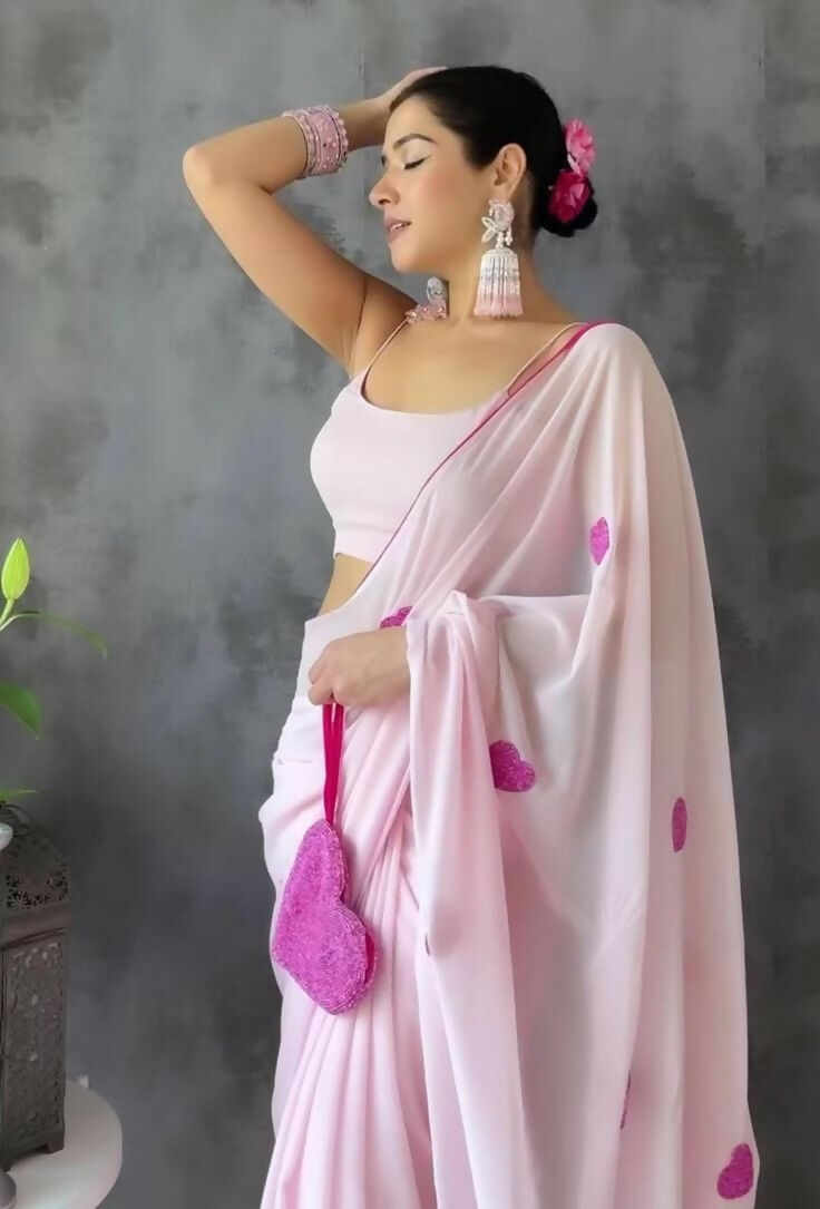 Malishka Georgette Embroidery Ready To Wear Saree With Blouse Piece - Pink - Distacart