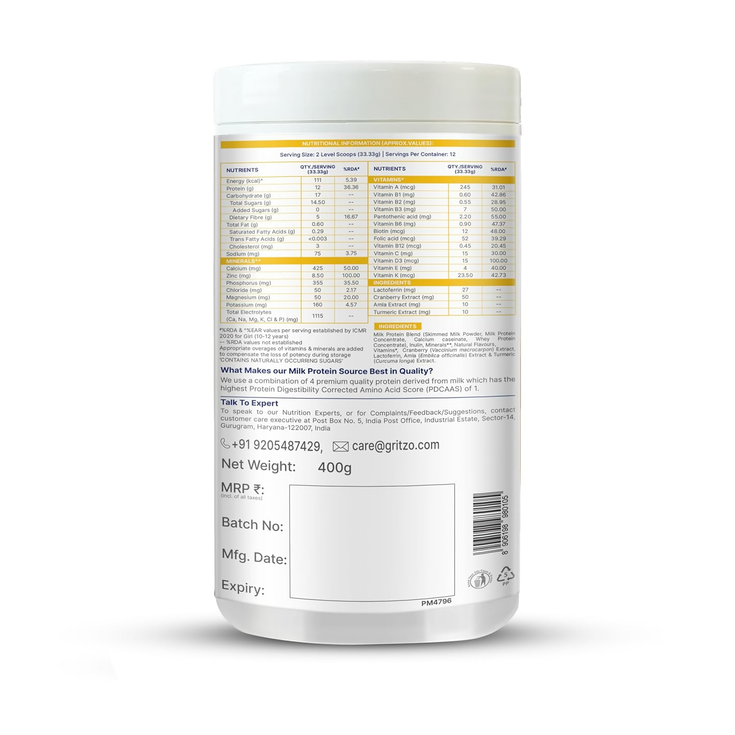 Gritzo SuperMilk Growth+ (Formerly Height+) Unsweetened Drink Mix (10-12y Girls) 12g Protein Powder - Creamy Vanilla - Distacart