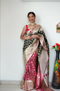 Thumbnail for Malishka Banarasi Silk Jacquard Ready To Wear Saree With Blouse Piece - Black Pink - Distacart
