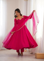 Thumbnail for Lehenga Mart Designer Anarkali Suit With Kurta, Pant, Dupatta For Women-Dark Pink - Distacart
