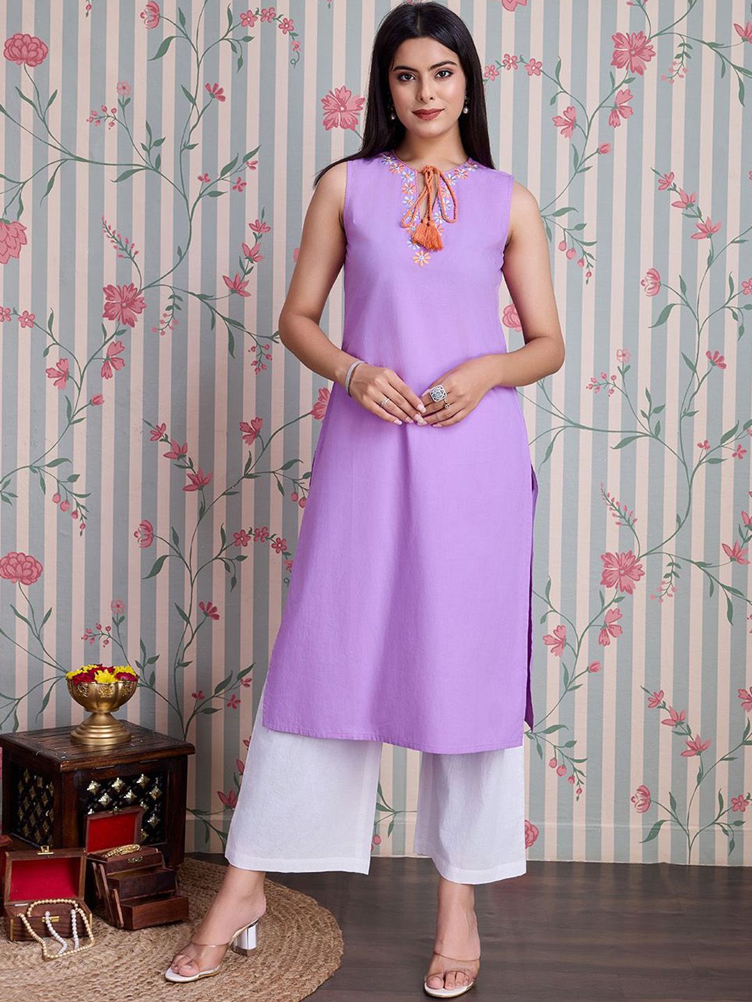 Ode by House of Pataudi Pure Cotton Straight Kurta with Palazzos - Distacart