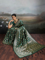 Thumbnail for Shree Shyam Fashion Bottle Green Silk Blend Saree - Distacart