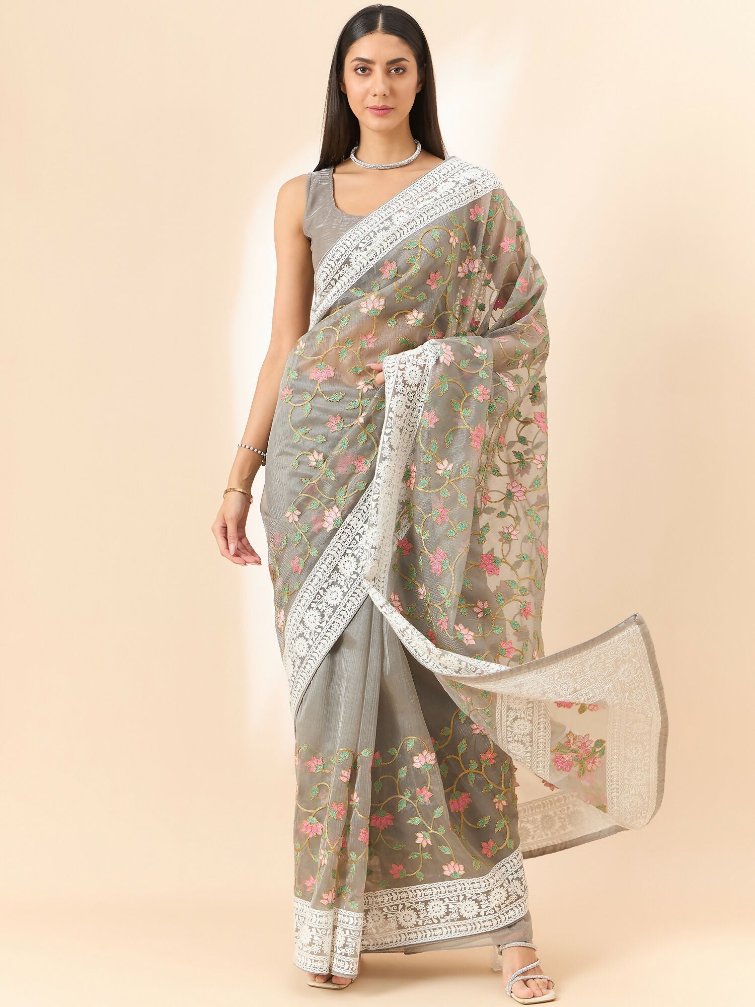 Grey Organza Floral Embroidered Saree with Unstitched Blouse Piece - Roozal - Distacart