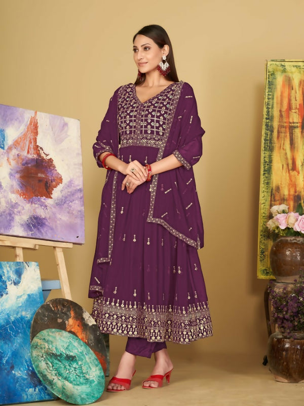 Jyoti Fashion Women's Purple Georgette Embroidered Anarkali Kurta Pant Set With Dupatta - Distacart