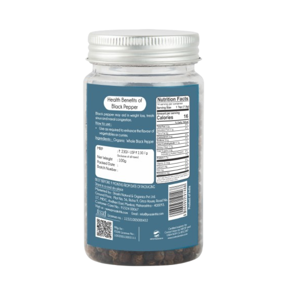 Praakritik Organic Black Pepper Whole - Distacart