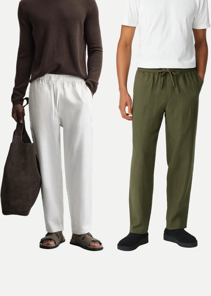 Fabmade Men’S Linen Pajama Combo – Olive & White (Pack Of 2) - Distacart