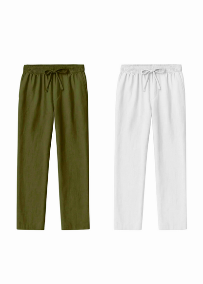 Fabmade Men’S Linen Pajama Combo – Olive & White (Pack Of 2) - Distacart