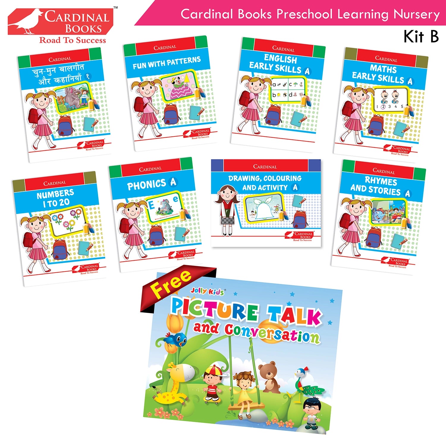 Cardinal Books Preschool Learning Nursery Kit B Set of 8|Alphabet | Numbers| Rhymes & Stories| Colouring| Phonic Book Ages 3-4 Years - Distacart
