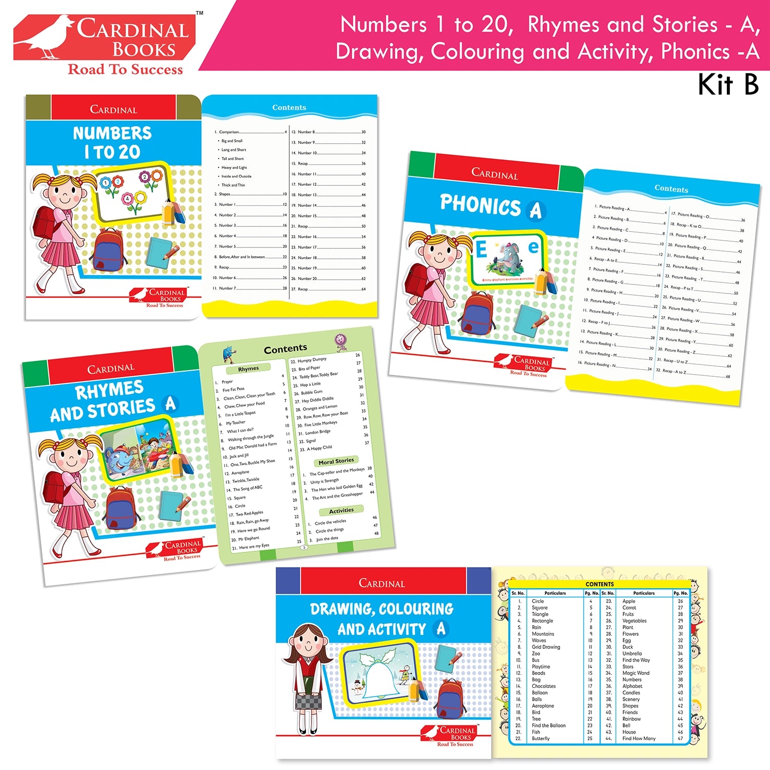 Cardinal Books Preschool Learning Nursery Kit B Set of 8|Alphabet | Numbers| Rhymes & Stories| Colouring| Phonic Book Ages 3-4 Years