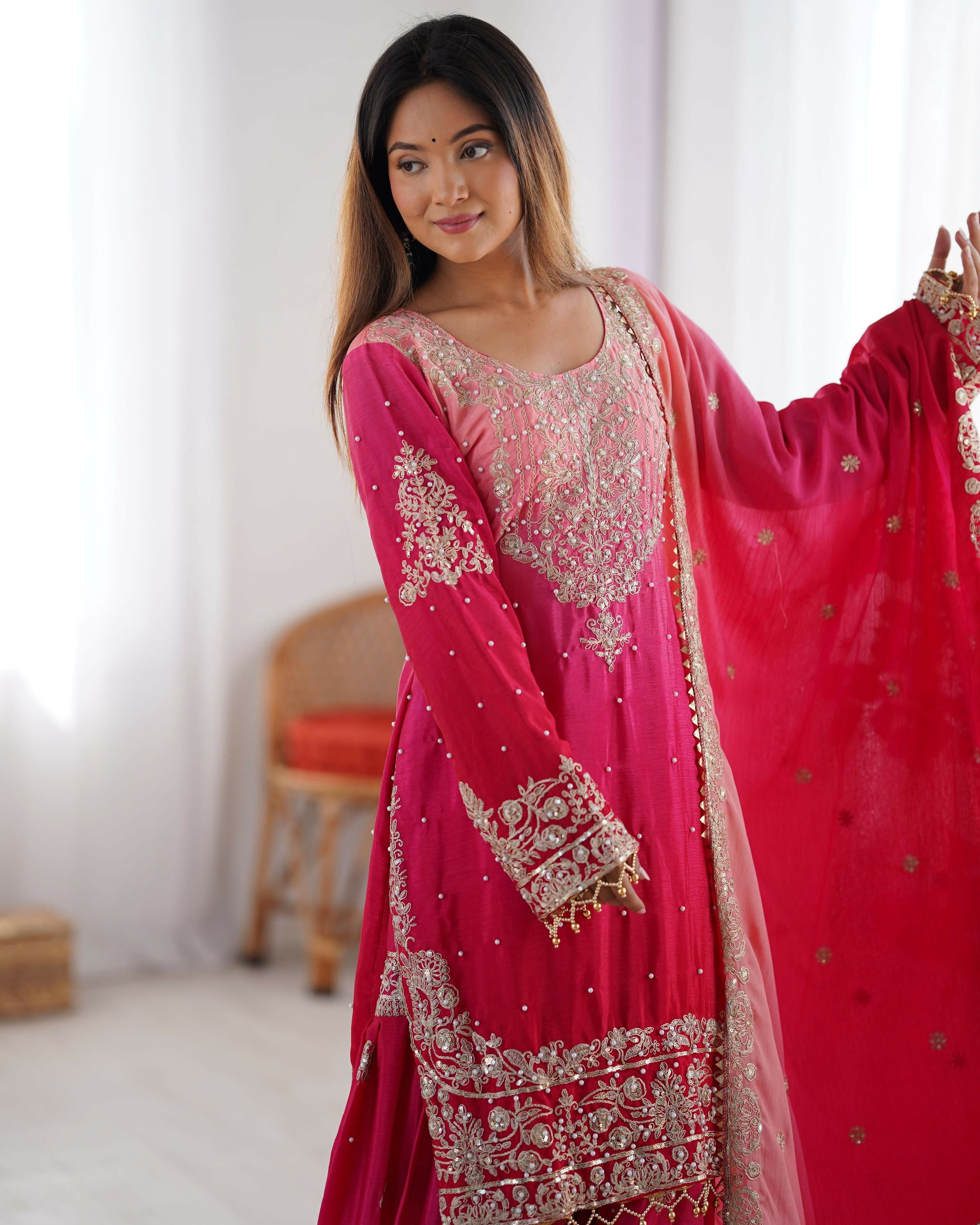 Joban Fashion Pink Palazzo Chinon silk Coding Dori with Sequence with Rivet Moti