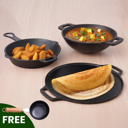 The Indus Valley CASTrong Cast Iron Cookware Set: Tawa+ Kadai+ Fry Pan, Kitchen Set for Home, Pre-seasoned, 100% Pure, Toxin-free, Tadka Pan - Distacart