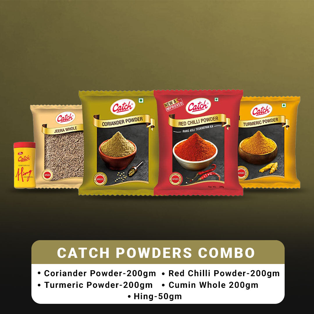 Catch Masala & Spices Combo Five Pack - Coriander Powder 200 gms + Turmeric Powder 200 gms + Red Chilli Powder 200 gms + Cumin Whole 200 gms + Hing 50 gms - Distacart