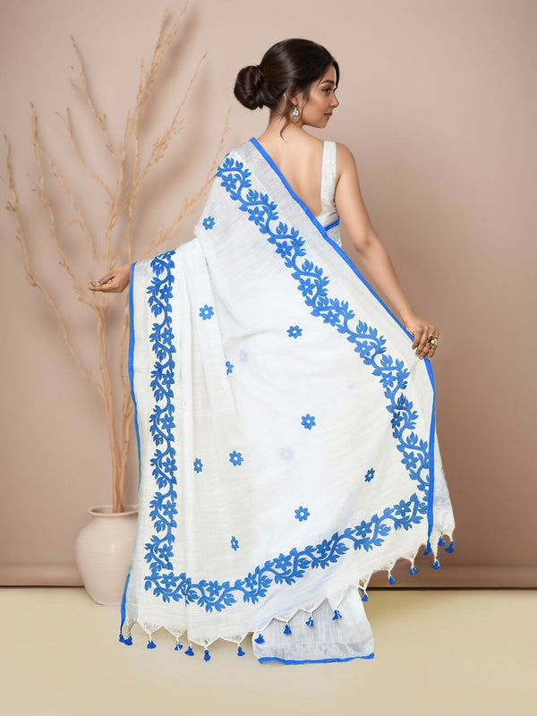 Joban Fashion White & Blue Cotton Applic Saree