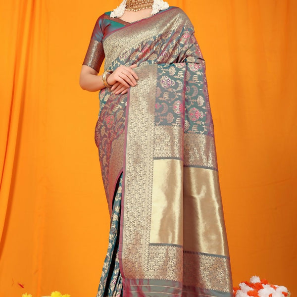 Jyoti Fashion Women's Grey Kanjivaram Silk Zari Woven Saree with Blouse - Distacart