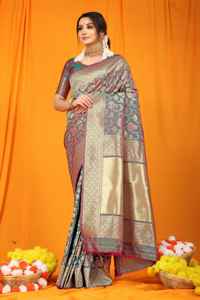 Jyoti Fashion Women's Grey Kanjivaram Silk Zari Woven Saree with Blouse - Distacart