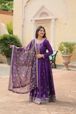 Thumbnail for Preksha Creation Indian Festival Special Women Chinon And Sequins Embroidered Work Gown With Dupatta - Purple - Distacart