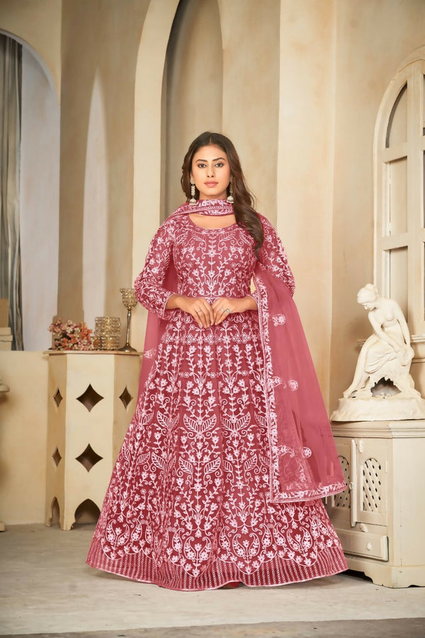 Jyoti Fashion Women's Gajri Net Embroidered Anarkali Kurta Pant Set With Dupatta - Distacart