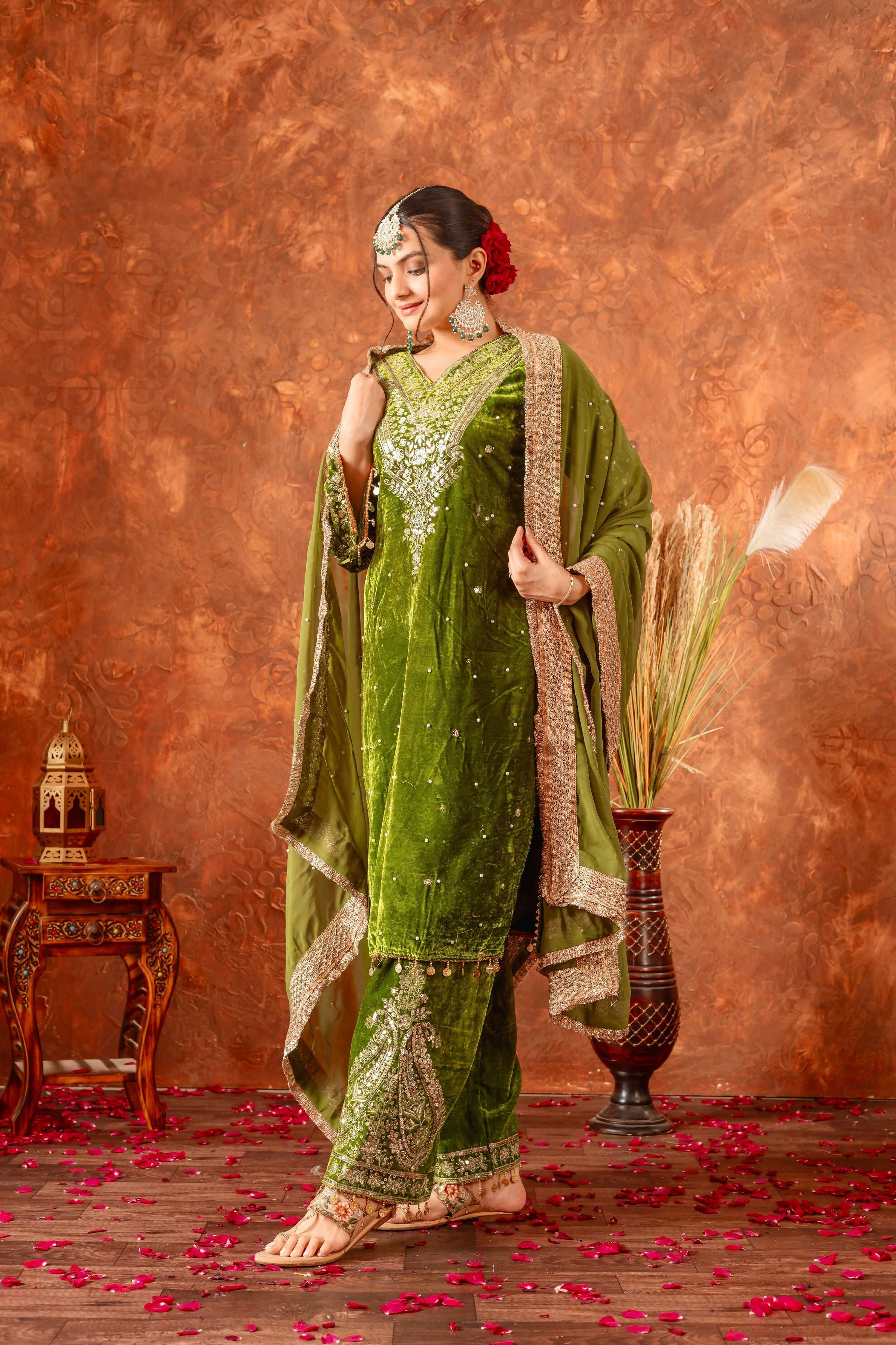 Teeya Creation Green Color Velvet Silk Embroidery Work Party Wear Suit