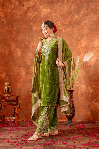 Teeya Creation Green Color Velvet Silk Embroidery Work Party Wear Suit