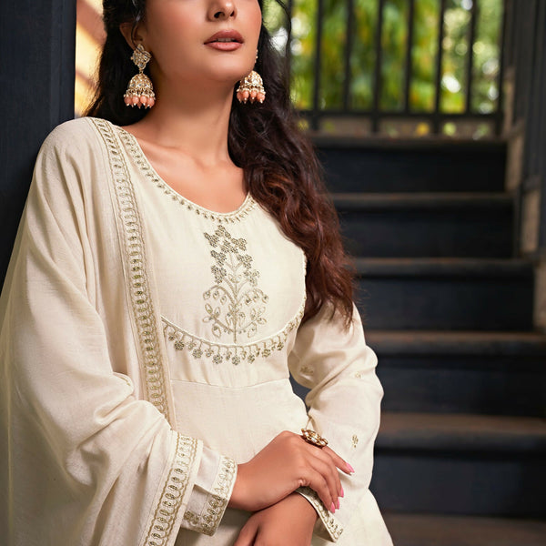 The52 Women's Beautiful Vichitra Silk Fabric Embroidery Work Flared Anarkali Pant and Dupatta Set - Distacart