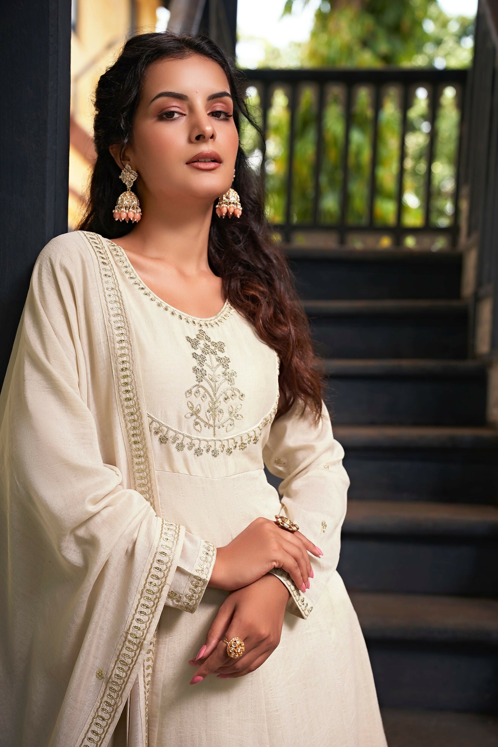 The52 Women's Beautiful Vichitra Silk Fabric Embroidery Work Flared Anarkali Pant and Dupatta Set - Distacart