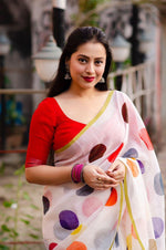 Thumbnail for White Pure Linen Ethnic Motifs Saree with Unstitched Blouse - A2M