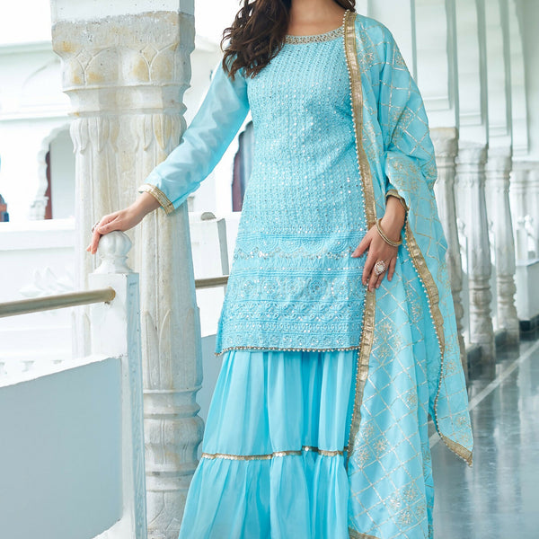Joban Fashion Sky Blue Chinon Silk Embroidery Sequence Work Readymade Kurta Set - Distacart