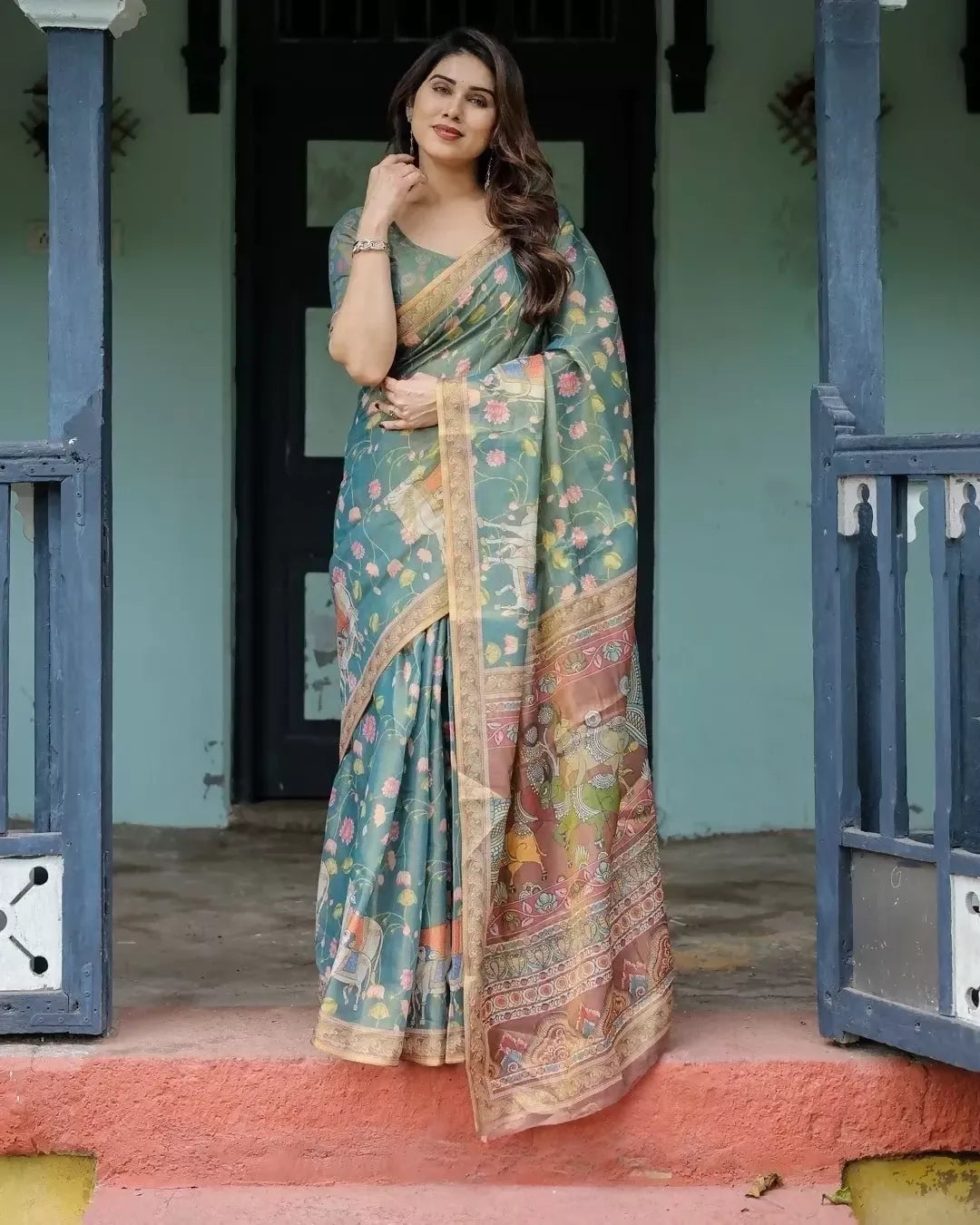 Prime Volt eal Blue Linen Tissue Silk Saree with Multicolor Floral Print, Traditional Motifs & Matching Blouse