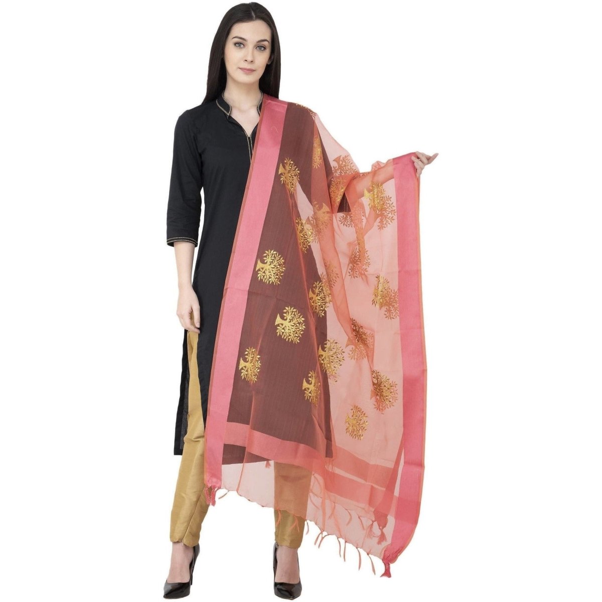 A R Silk TISSUE ZARI EMB. Golden Zari Emb. Color Rani Dupatta or Chunni